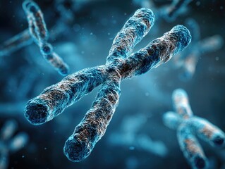 Blue-toned abstract depiction of chromosome pairs, detailed with textured surface and blurred background, focusing on genetics