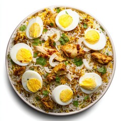 Overhead view of chicken biryani with boiled eggs and onions on a round plate