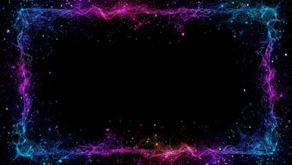 A vivid frame of vibrant, abstract neon light patterns with sparkling star-like particles on a black background