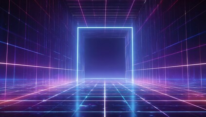 Glowing, abstract neon lines and a square create a futuristic perspective view with blue, pink, and purple hues
