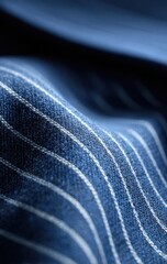 Striking blue fabric with pinstripes, emphasizing texture and depth with light and shadow play across soft folds