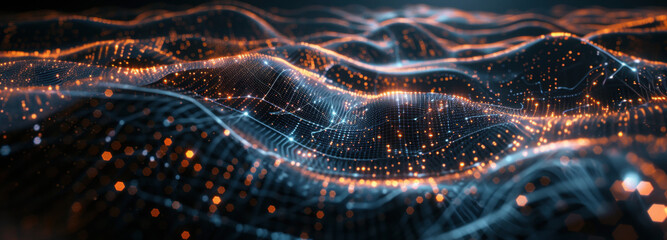 Digital Data Wave: A visually stunning depiction of data coursing through a digital landscape, evoking a sense of modern technology, connectivity, and the intricate fabric of digital information. 