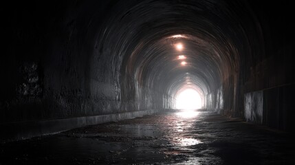 Fototapeta premium A dark tunnel stretches ahead illuminated by soft lights along the ceiling. Bright light is visible at the end of the tunnel suggesting an exit or opening.