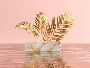 Golden palm fronds rise from a marble podium reflecting in soft pink water, set against a light pink backdrop