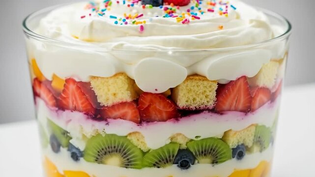 Colorful layered dessert creation with fresh fruit and whipped cream garnish