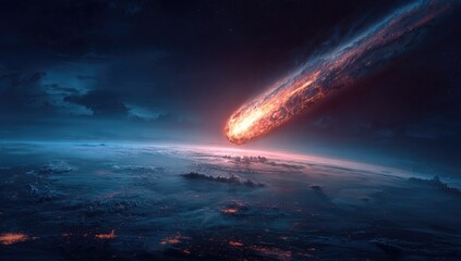 Fiery space rock streaks across Earth's horizon, illuminating night side, glowing amidst cloudy layers