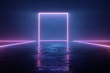 A square neon light portal on a wet floor with horizontal neon lines and a dark backdrop create a cool atmosphere