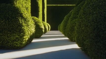Formal garden path lined with green hedges and crisp shadows