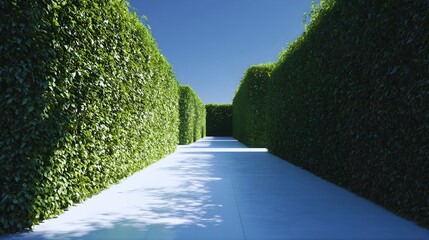 Green hedge maze path with sunlight and shadows under blue sky