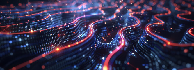 Digital Pathway: Abstract image of digital data pathways, illustrating the interconnectedness of information flow within a high-tech system, with a mesmerizing display of lines, dots and lights