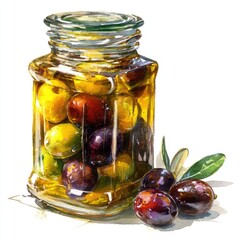 Watercolor art of olives in glass jar, with loose olives & a twig to the side, on white