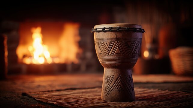 Wooden djembe drum with carved tribal patterns placed near a warm fireplace, creating an authentic cultural atmosphere. Ideal for music themes. African culture