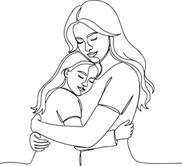 Abstract mother with a child in continuous one line drawing art style.