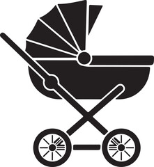 Simple black and white illustration of a classic baby carriage or pram with large wheels