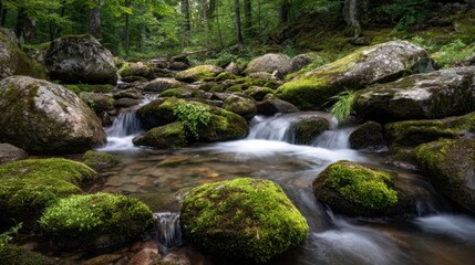 Obraz premium Water moves over moss covered rocks in a forest. Trees surround the area creating shade. Sunlight filters through leaves adding detail to the scene.