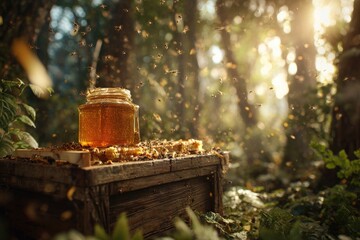 Honey jar on a rustic box surrounded by a swarm of bees in a sunlit forest scene