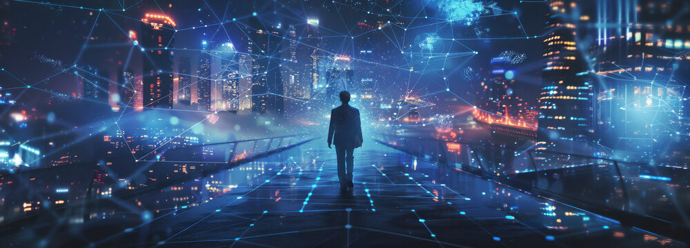 Navigating the Digital Landscape: A solitary figure, silhouetted against a futuristic cityscape woven with shimmering digital networks, represents the ever-evolving world of technology.