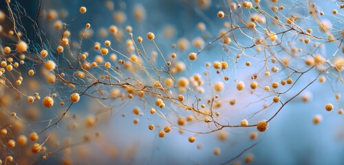 Delicate branches with tiny golden orbs against a soft blue background, ethereal and dreamlike