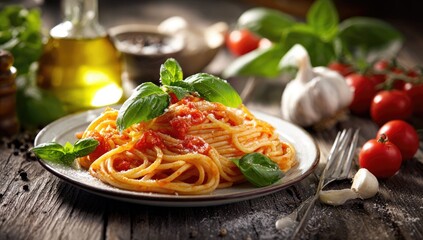 Pasta dish with tomato sauce and basil on a plate with oil, garlic, tomatoes on rustic wood background