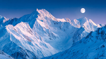 Snow-covered mountain range under a full moon with clear twilight sky