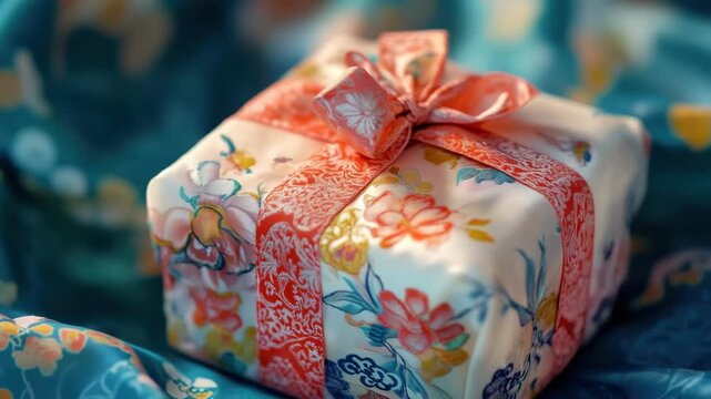 A beautifully wrapped gift box with a floral pattern, topped with a colorful bow.