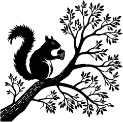 Squirrel Silhouette – Sitting on Branch Holding Acorn in Natural Scene