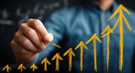 Ascending arrows drawn by a blurry person using a yellow marker on a dark surface, symbolizing growth and progress