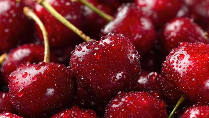 Close-up of glistening, deep red cherries with water droplets, showcasing their fresh, juicy texture and vibrant color