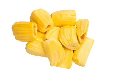 Golden yellow jackfruit pods (bulbs) served as a pile on a clean white background, sweet, peeled, tropical and exotic fruit. © Mironov