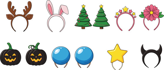 Decorative headbands, costume accessories, festive designs, Halloween, Christmas, Easter, playful fashion, antlers, bunny ears, devil horns, party wear