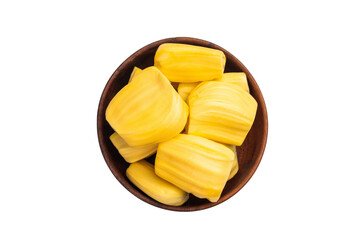Golden yellow jackfruit pods (bulbs) served as a pile on a clean white background, sweet, peeled, tropical and exotic fruit. © Mironov