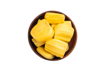 Golden yellow jackfruit pods (bulbs) served as a pile on a clean white background, sweet, peeled, tropical and exotic fruit.