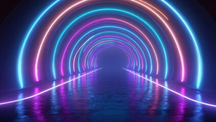 Glowing neon circles create an endless perspective into a dark tunnel with a shiny floor reflecting the vibrant light