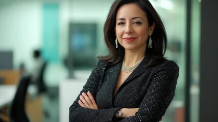 Smiling woman wearing suit and necklace with arms crossed, looking ahead. - Powered by Adobe