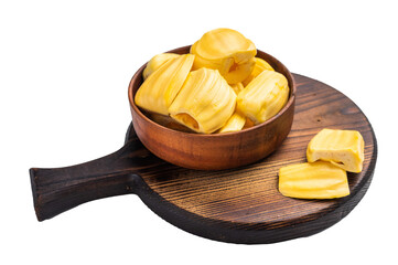 Sweet, golden jackfruit pods (bulbs) served in a rustic wooden bowl on a dark cutting board. Fresh, tropical fruit dessert or snack. © Mironov