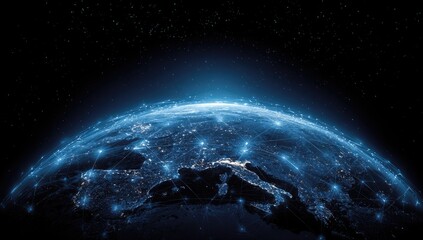 Network connections light up a glowing, blue-tinged Earth against the dark expanse of space