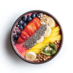 A vibrant smoothie bowl topped with fresh fruit, seeds, and nuts, viewed from above on a bright white background