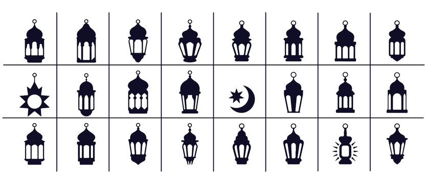 Set of islamic ramadan lanterns and moon star silhouette icons vector illustration for eid al fitr