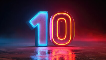 Glowing neon number "10" on a reflective surface, bathed in red and blue light against a dark backdrop