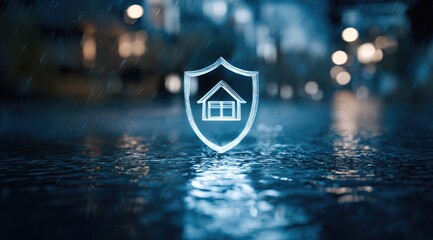 House icon in shield on wet street at night with blurry buildings and visible rain streaks