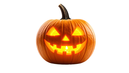Illuminated Jack-o'-Lantern Pumpkin With Carved On Black Background For Halloween Holiday Decorations And Spooky Theme Designs