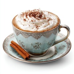 Frothy drink in an ornate teacup, garnished with spices and a cinnamon stick, on a matching saucer