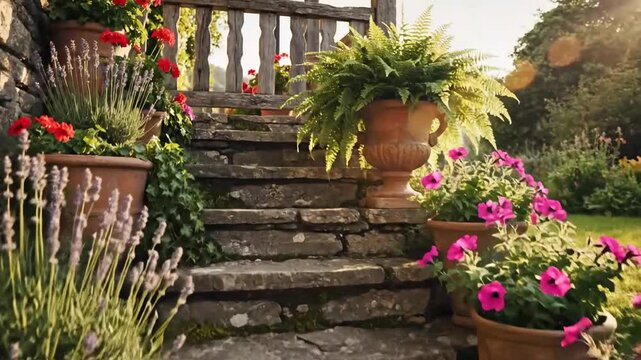 Stone Staircase Adorned With Vibrant Flowers and Lush Greenery in a Garden Setting
