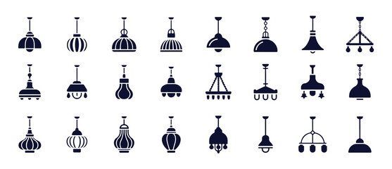 Home interior ceiling chandelier lamps black solid glyph icons set. modern and vintage light fixtures