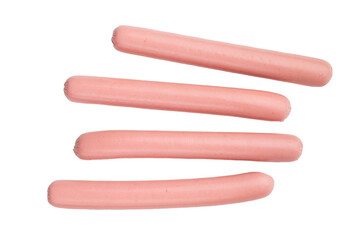 Four raw pink hot dog sausages (franks/wieners) isolated on a clean white background. Perfect for food ads, packaging, or recipe content.