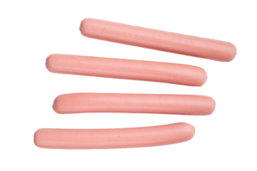 Four raw pink hot dog sausages (franks/wieners) isolated on a clean white background. Perfect for food ads, packaging, or recipe content.