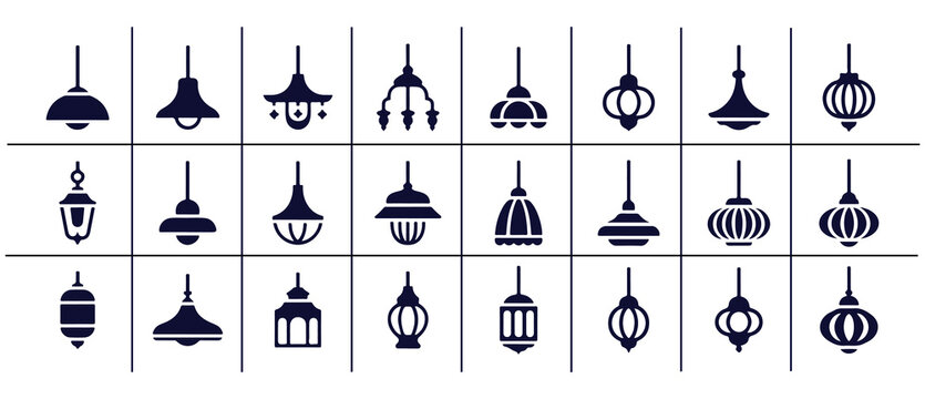 Chandelier and pendant light flat icons set for interior design hanging ceiling lamps collection