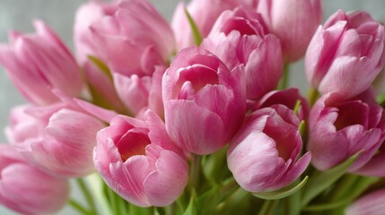 Obraz premium A bouquet of pink tulips sits on a table. The flowers have vivid colors and fresh petals adding beauty to the space. Soft lighting highlights their shapes and colors.
