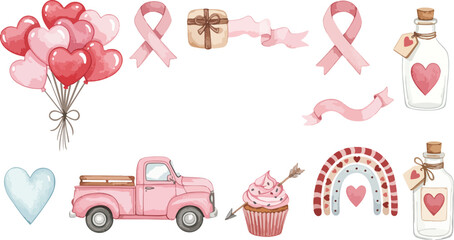 Pink breast cancer awareness symbols and valentines day elements
