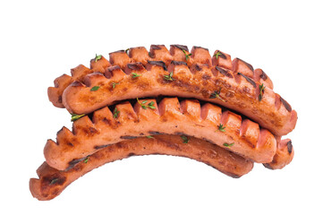 Delicious fried grilled meat sausage, ready to eat. Isolated on white for versatile advertising campaigns, recipe cards, or flyers.
